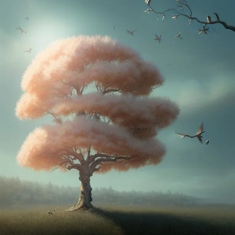 a beautiful digital painting of a marble tree entertwined in tumutluous clouds, intricate white branches and birds flying in the sunlight, blue sky at sunset, elegant, highly detailed, artstation, concept art, matte, sharp focus, art by tom bagshaw, kelogsloops and greg rutkowski