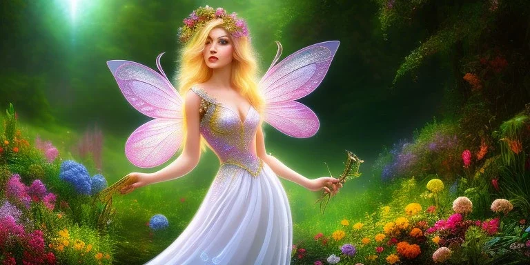 bright fairy, beautiful portrait, flowery landscape