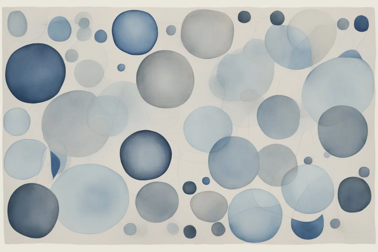 abstract watercolour , ink transfer lines, bifurcated circles, Paul Klee ,grey and blues