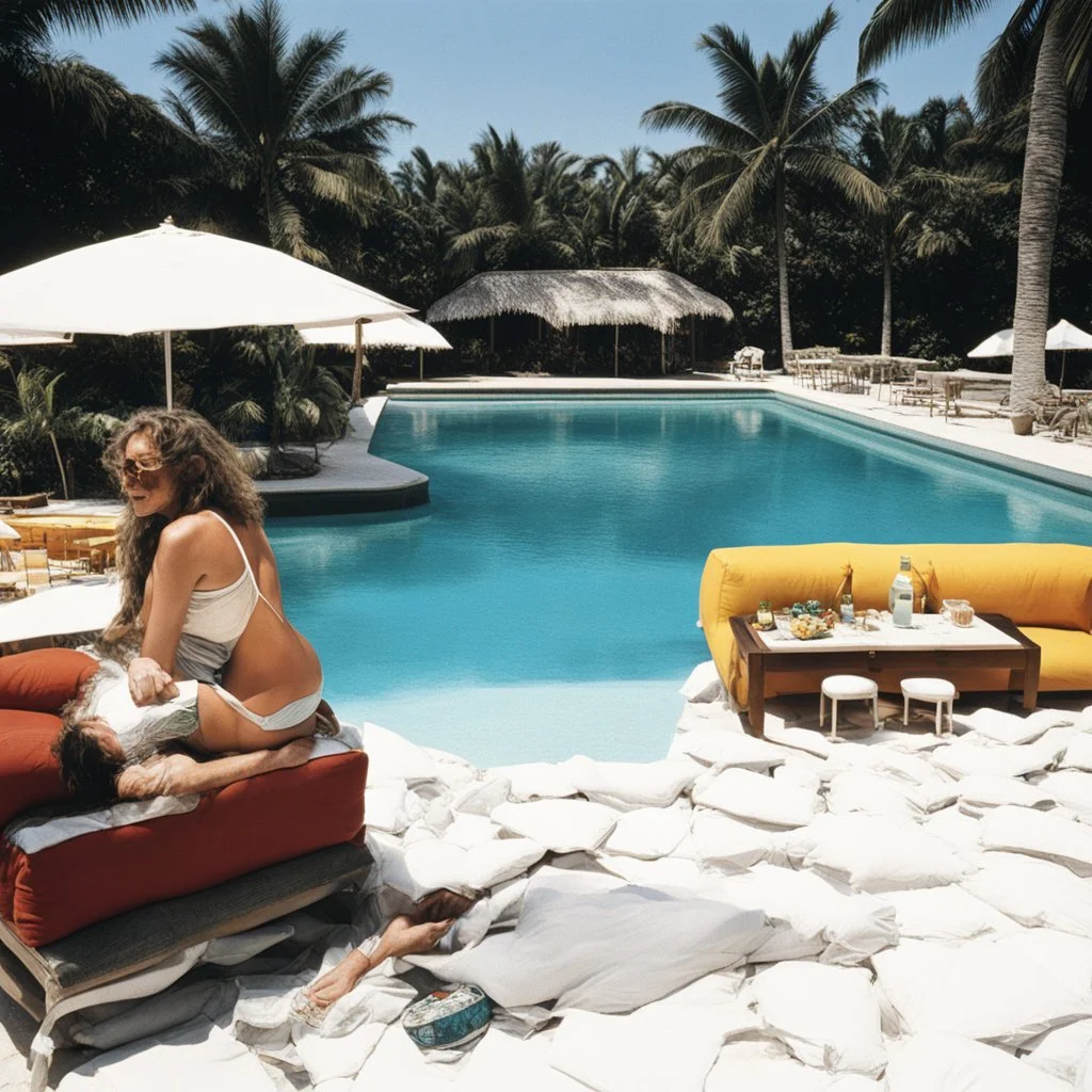 [revealing swimsuits by Charles Bukowski] a pool party at Jeffrey Epstein's Island, gritty drunks sprawled on stained cushions, cigarette smoke
