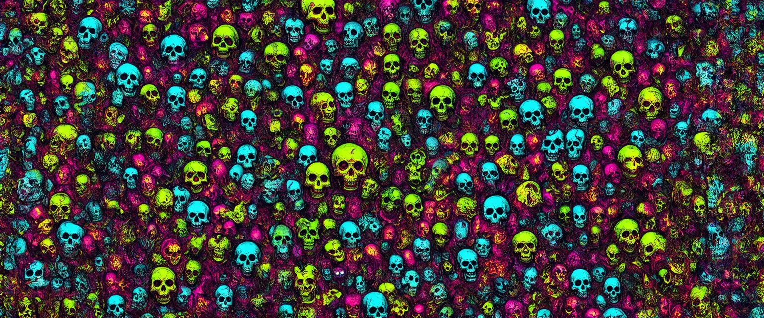 a field of 1000s of cartoonish, anatomically correct, skulls, vivid RANDOM BRIGHT neon colors, dark comedy, well lit, high detail, photorealistic, horrorcore, fun, scary, none featured, each a different color or hue,