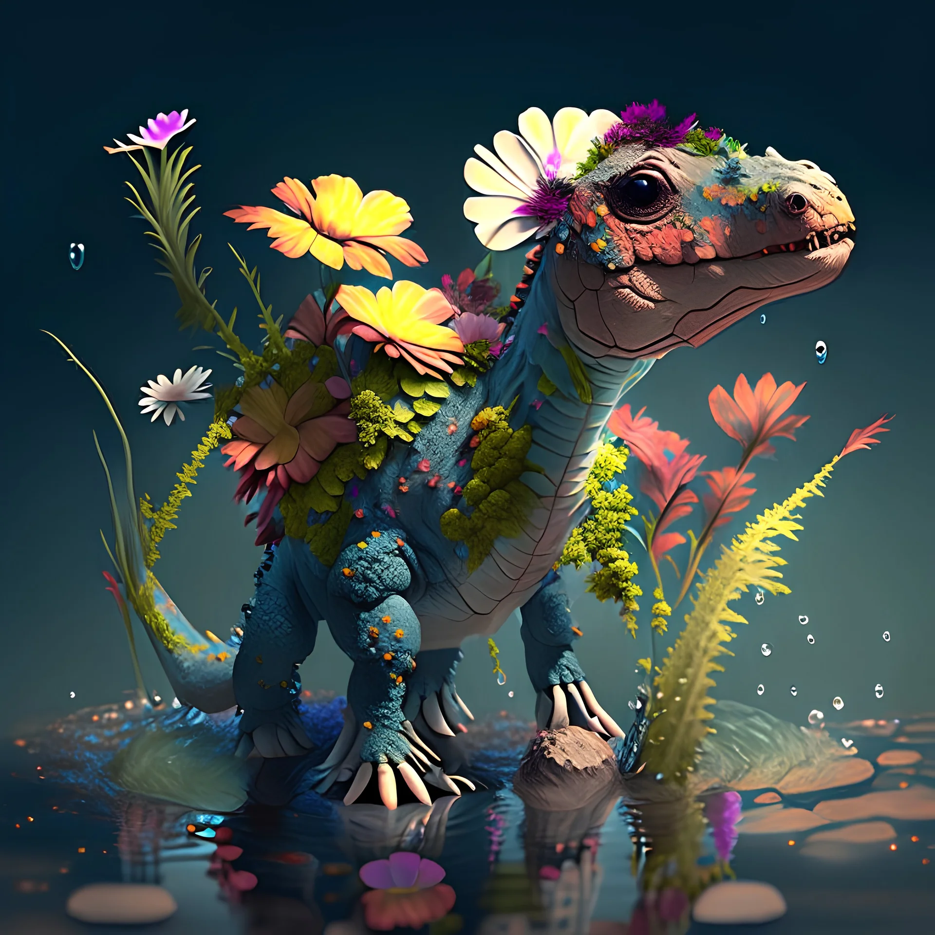 A small dinosaur made of flowers and water