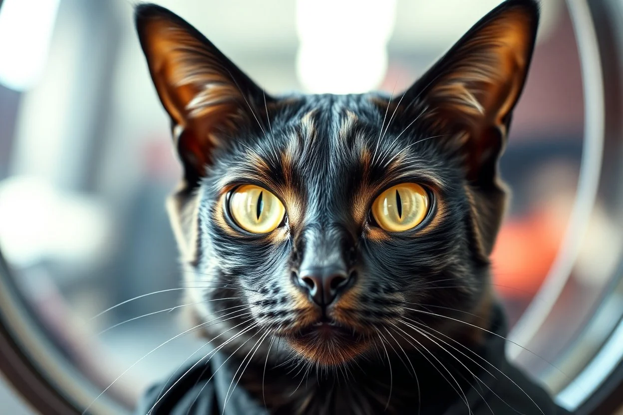 close up portrait of shiny yoga cat crow cart racer semi transparent hypnotic kind eyes in front of mirror