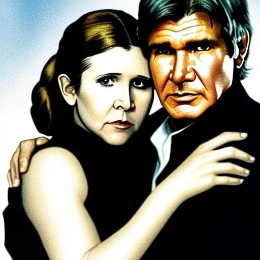 middle-aged carrie fisher embracing harrison ford in star wars, waist up portrait, photorealistic faces, intricate, masterpiece, expert, insanely detailed, 4k resolution, cinematic smooth, intricate detail , soft smooth lighting, soft pastel colors,