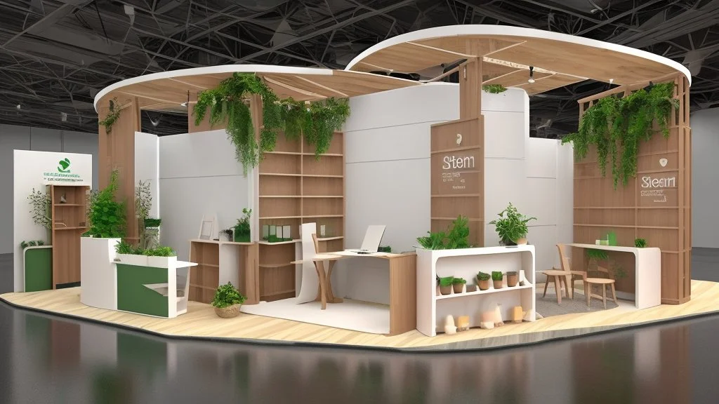 Corner exhibition stand in light colors with wood elements and greenery with two meeting areas