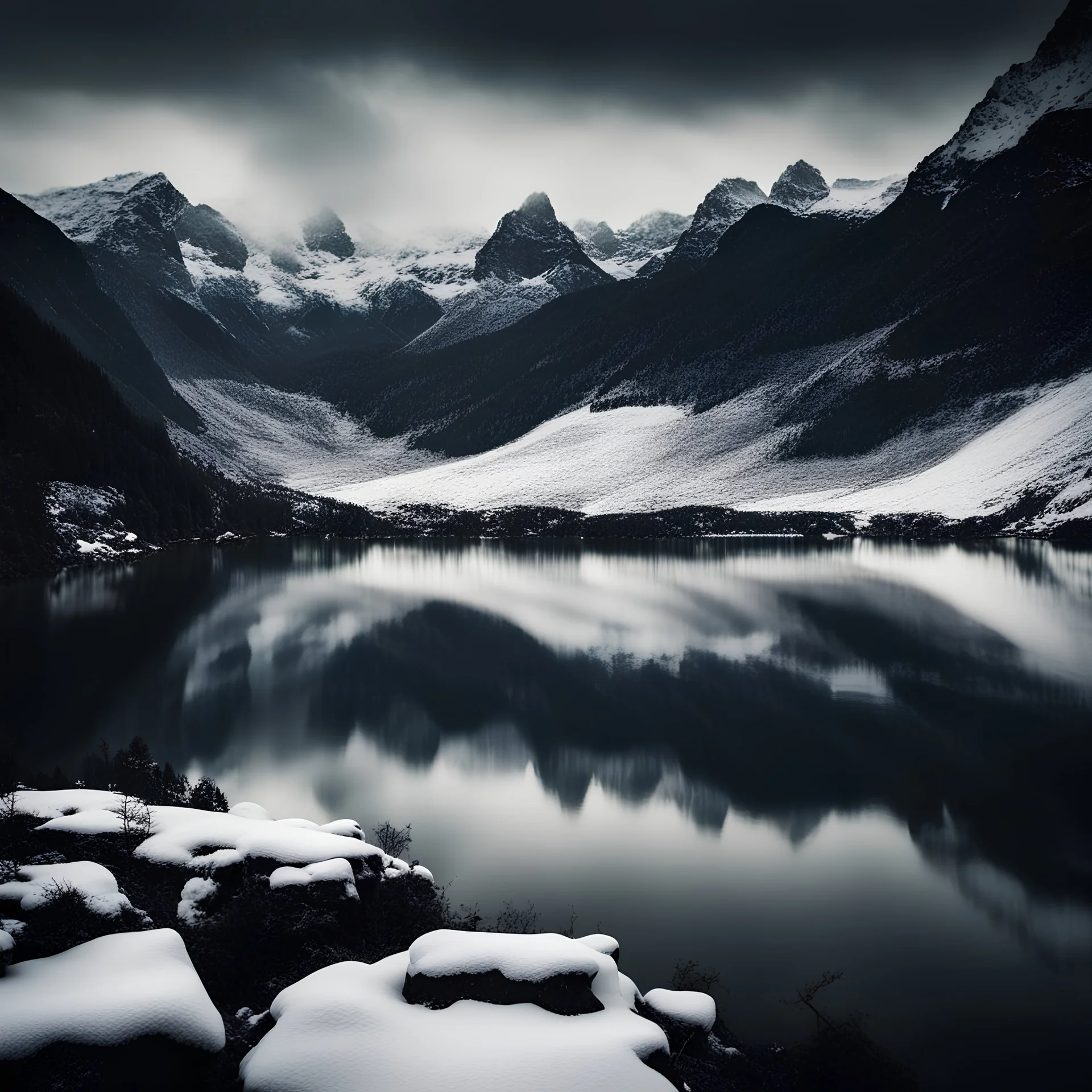 Dark foto with lake and mountens with snow