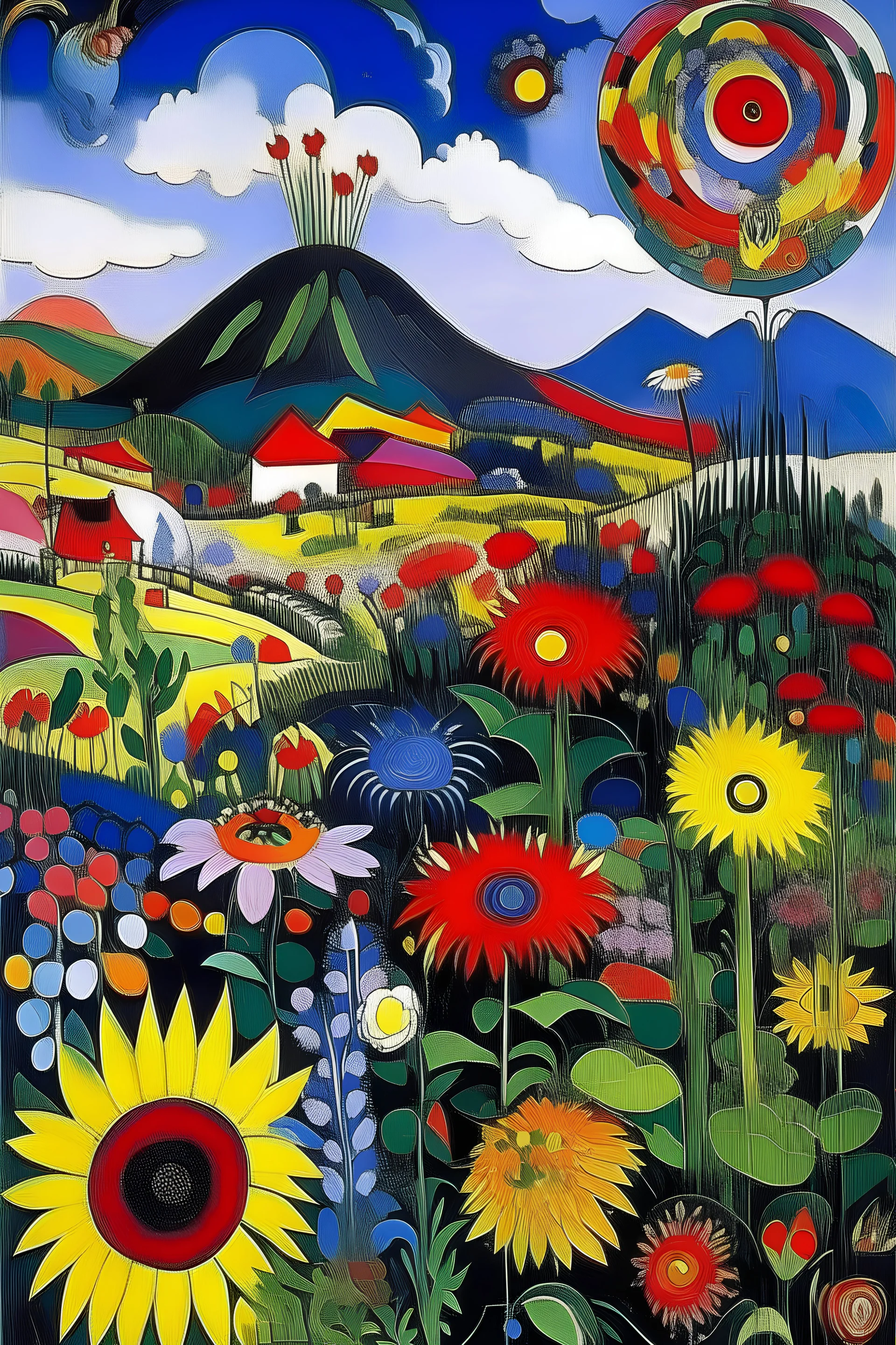 A flower garden near a volcano painted by Wassily Kandinsky