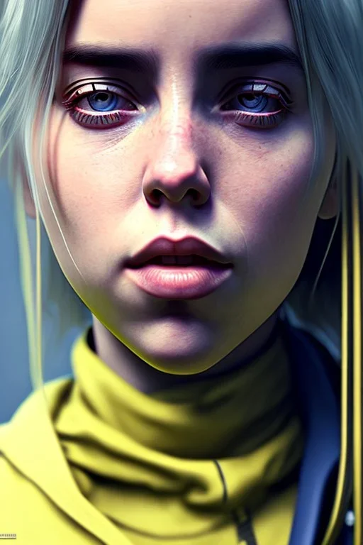 Billie Eilish, Dishonored 2, realistic, not to be distinguished from a photo, identical pupils, photorealistic illustration, 8k