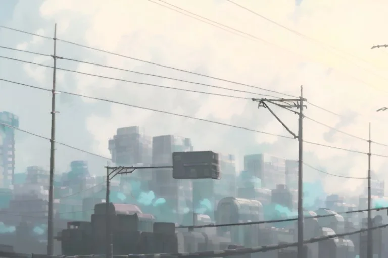 Smokey cyberpunk cityscape, dystopian