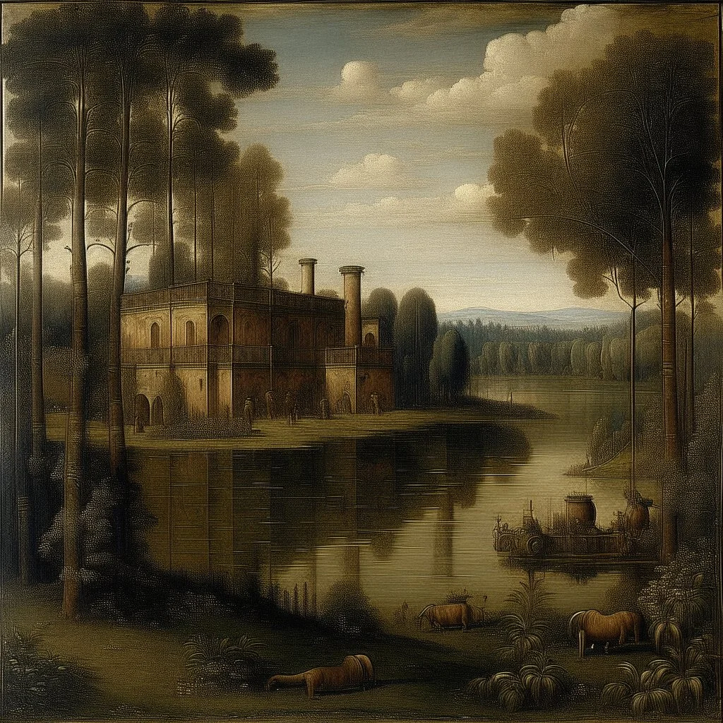 A factory near a lake painted by Leonardo da Vinci