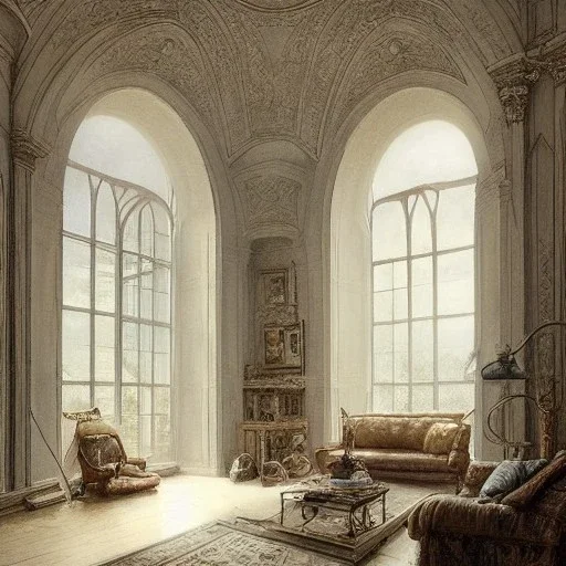 Living room with a big full wall window, white Beaux Arts architecture,interior design,point of perspective,by Jean Baptiste Monge, Epic cinematic, brilliant stunning, intricate, meticulously, detailed, dramatic atmospheric, maximalist digital matte painting