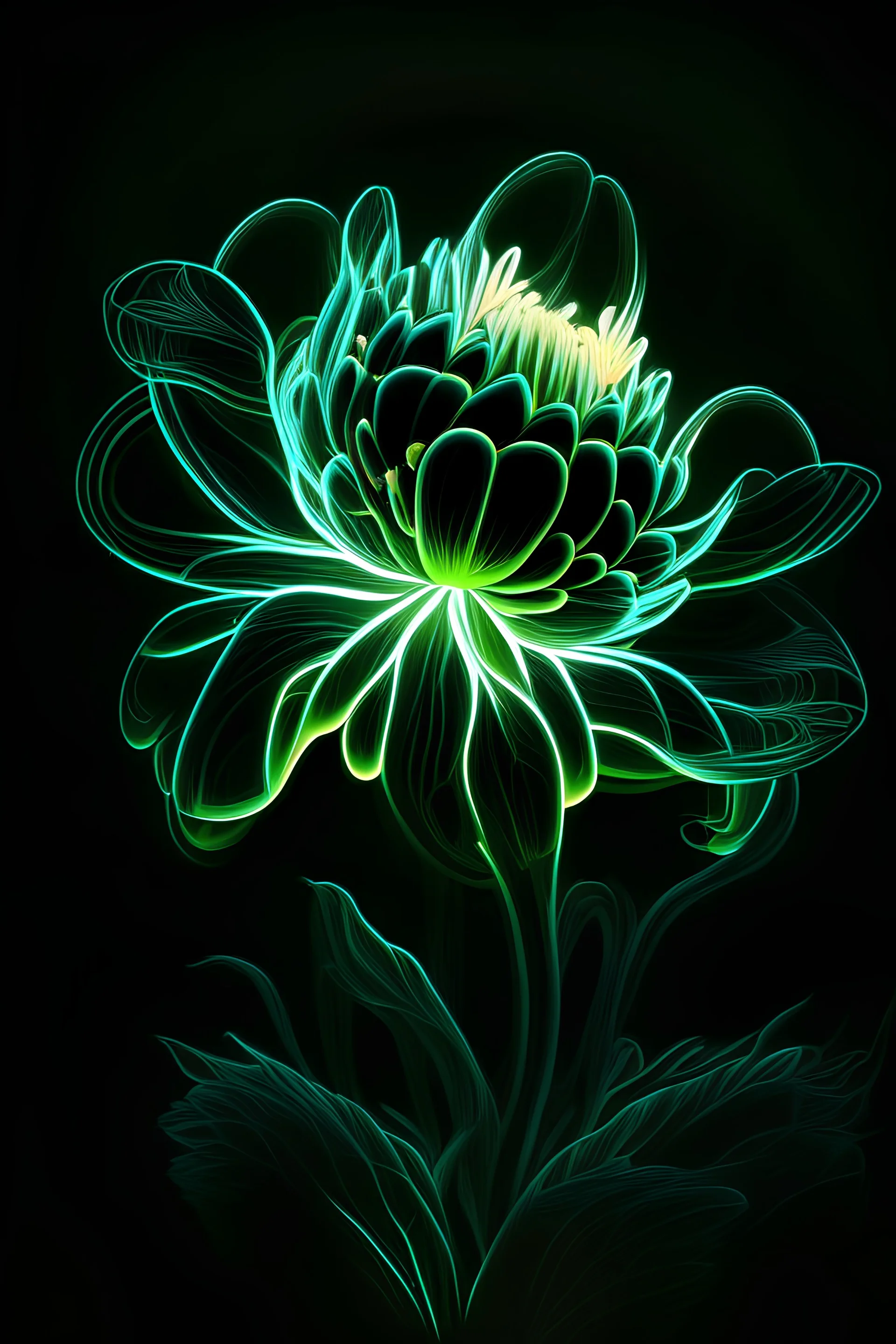 Stunning illustration of flower, glowing in the dark with PaleGreen neon light, centered on a black background, in the style of pop surrealist artist, fine art, illustration