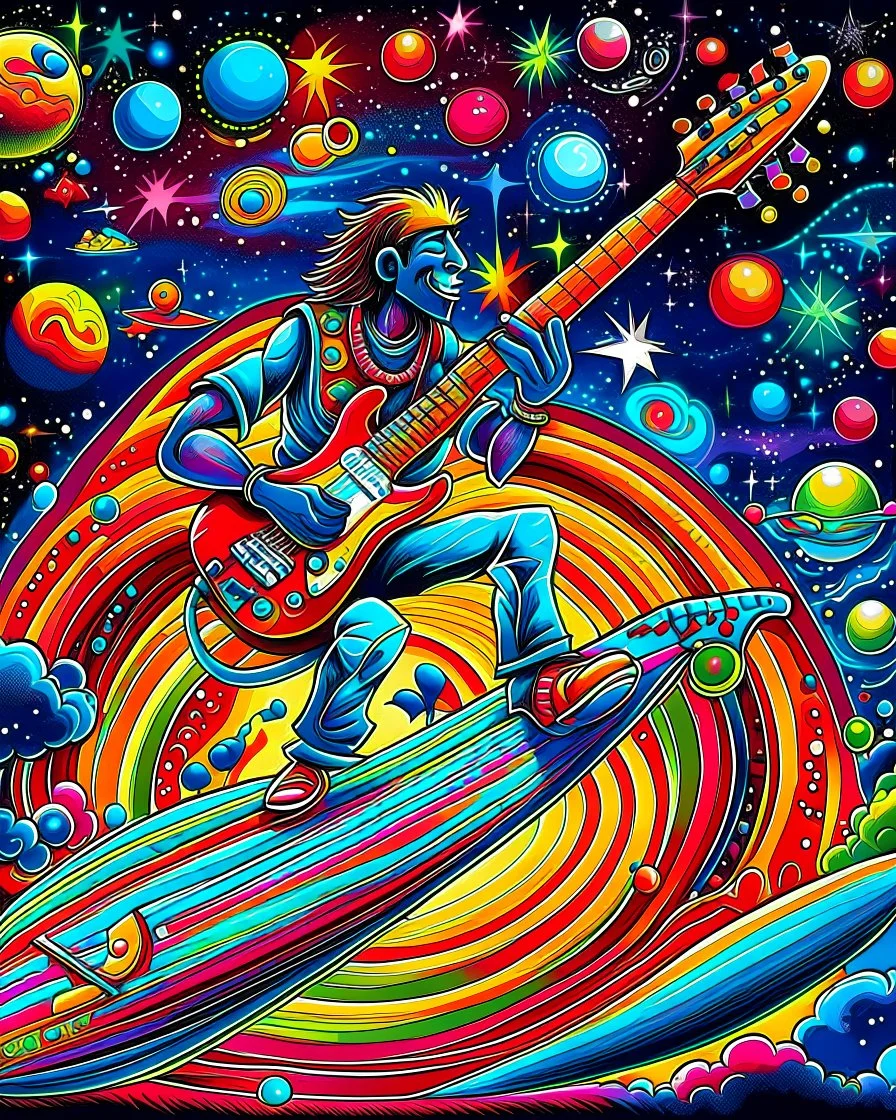 Rock and Roll Guitar Player playing a six string les paul guitar and Surfing on a Rocket in outer space with colorful planets around him in the style of Laurel Burch.