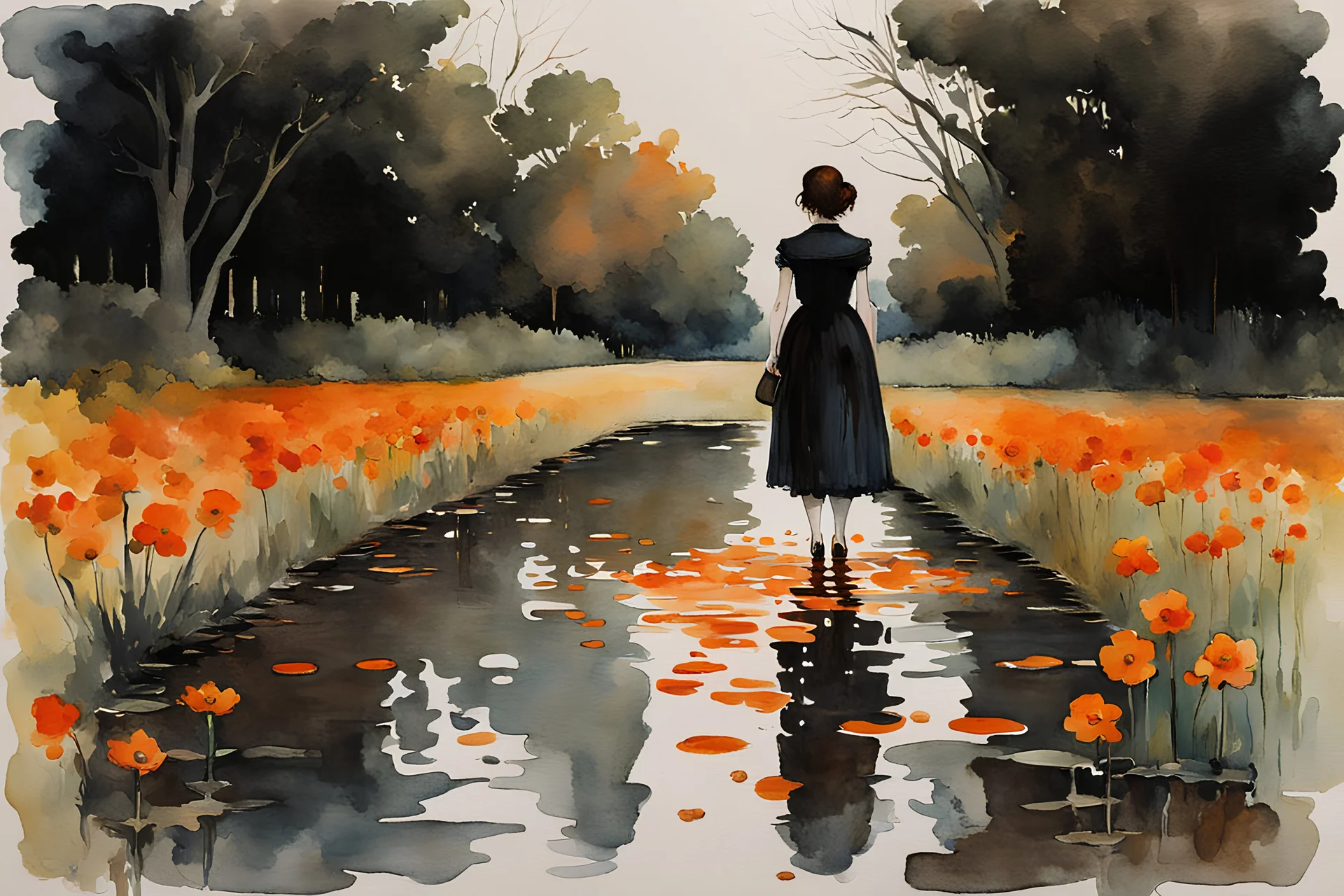 Night, one woman, orange flowers, gothic horror movies influence, puddle, epic, winslow homer watercolor paintings