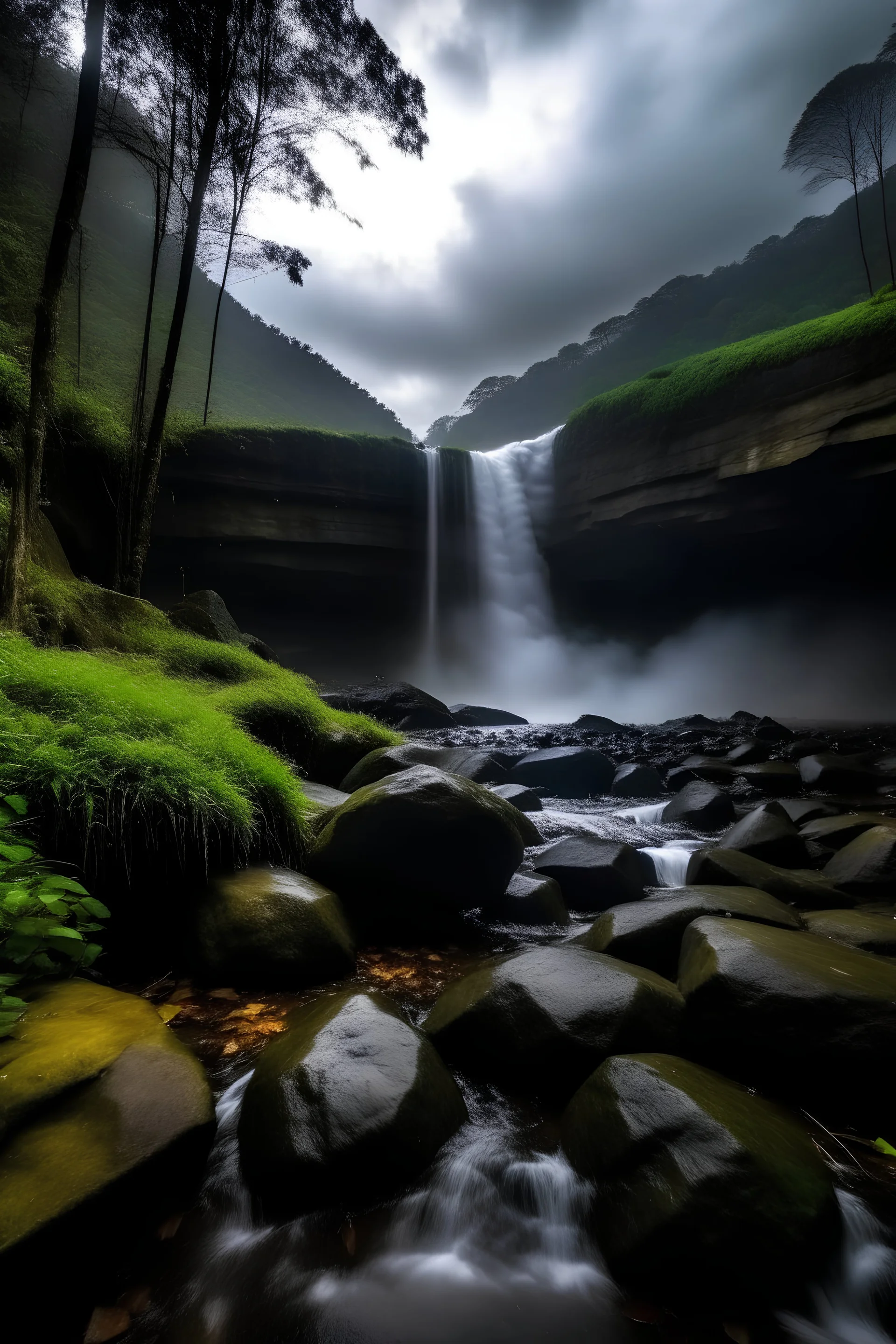 buat gambar air terjun yg bersinar di cuaca yang mendung