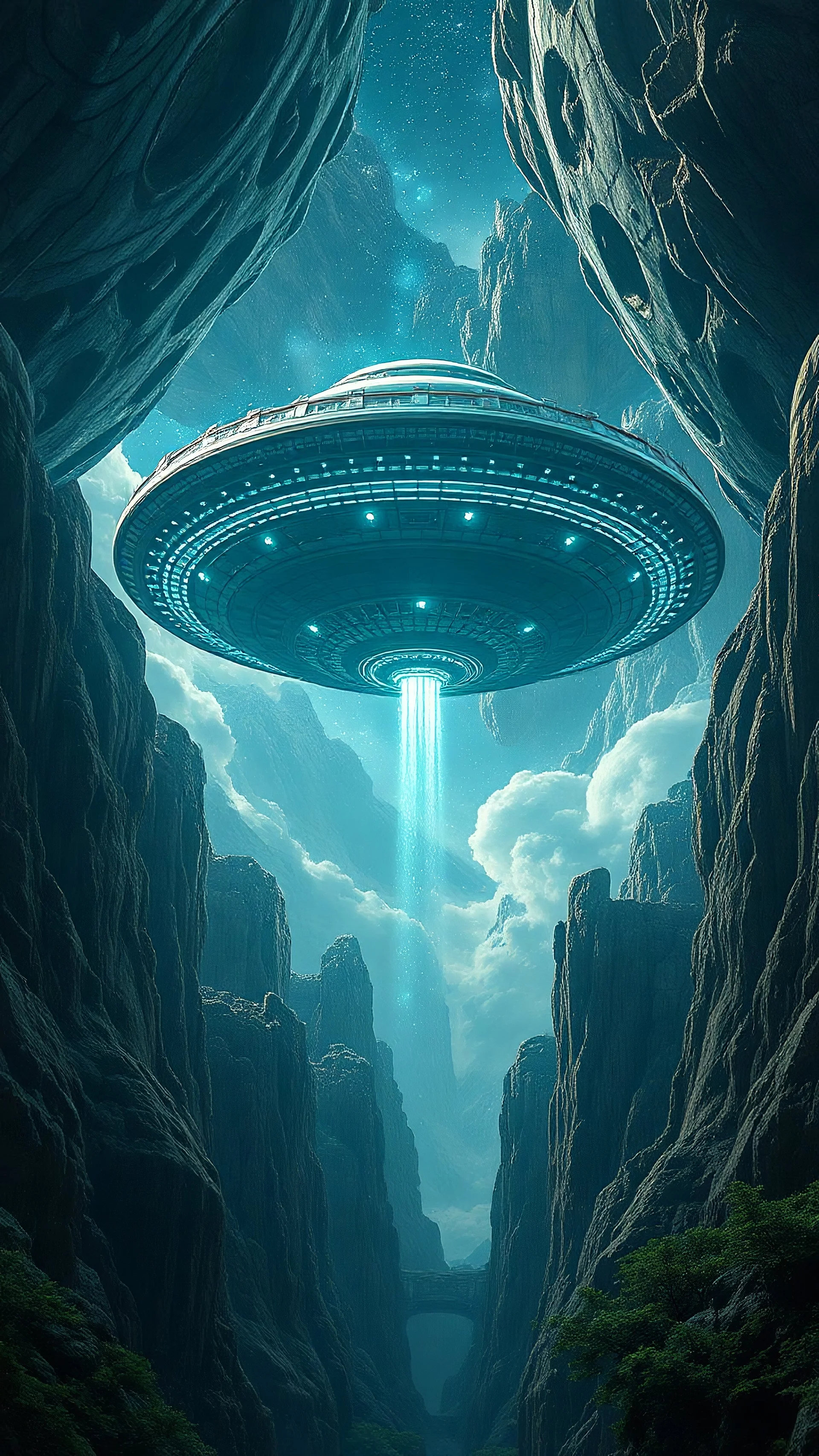 Unrealistic . Imaginative. Unique. Photorealistic. interpretations. Distinct . Natural beauty . Highly Symmetry. Highly Detailed. Intricate. Mystery. Puzzle. Illusion. Dystopian. Colossal. UFO mother spaceship hovering .