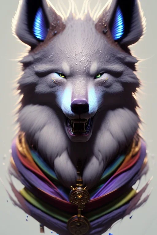 award winning portrait of a male anthropomorphic rainbow wolf long black hair. character design by cory loftis, fenghua zhong, ryohei hase, ismail inceoglu and ruan jia. unreal engine 5, artistic lighting, highly detailed, photorealistic, fantasy