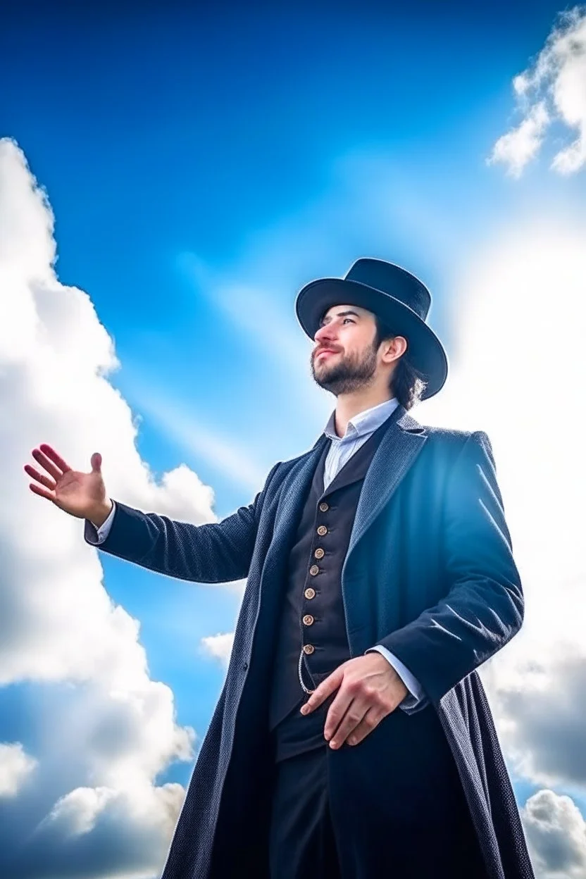 man magician looking at the sky changing the weather sunny day