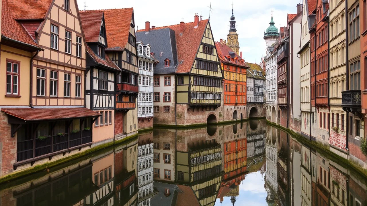 A canal in a historic European city with traditional medieval architecture, including ornate buildings with pointed roofs and towers reflected in the still water