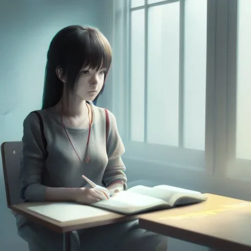 girl studying in room, anime style