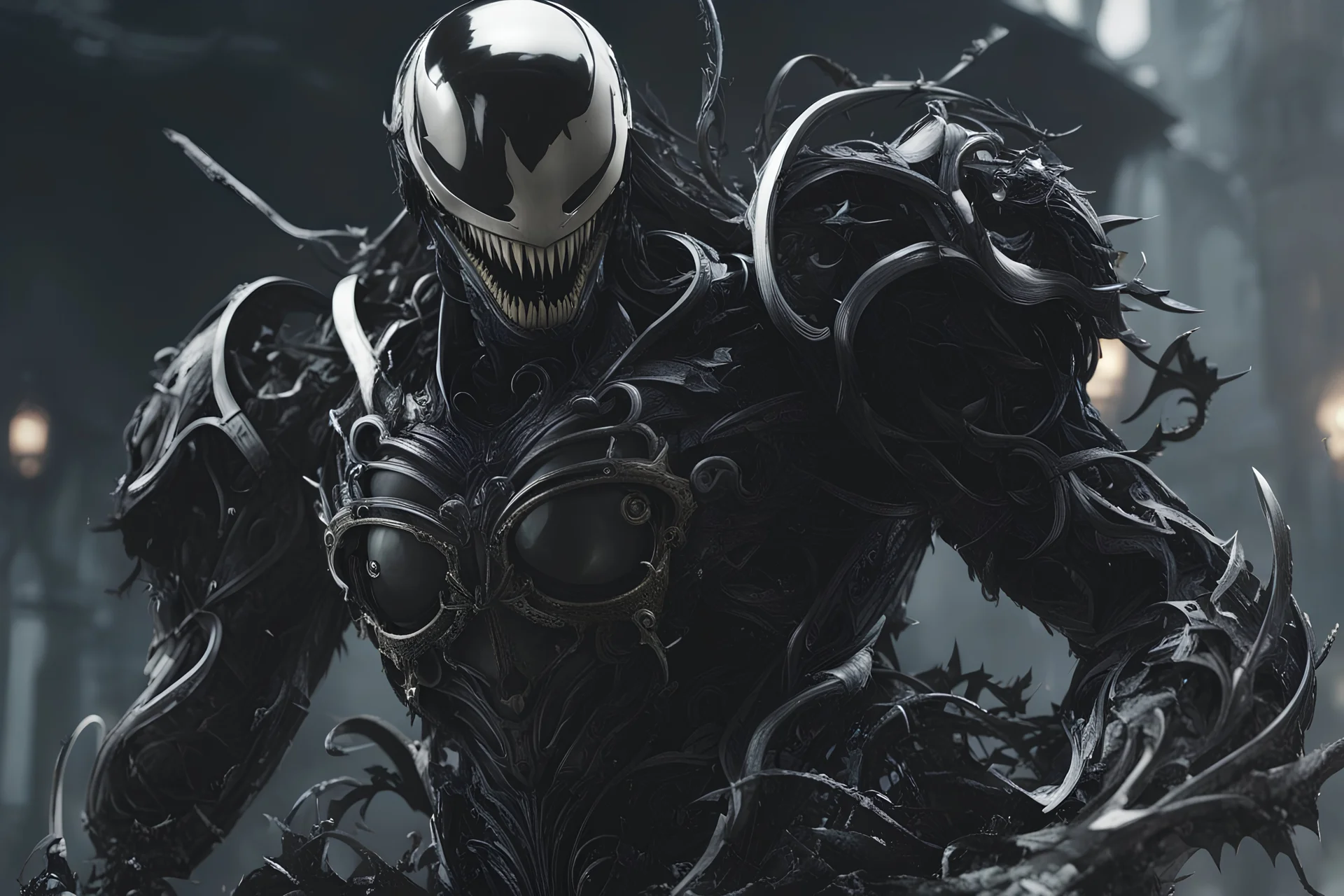 Venom machine in nier automata artstyle, halloween them, winter, close picture, fantasy world, intricate details, highly detailed, high details, detailed portrait, masterpiece,ultra detailed, ultra quality