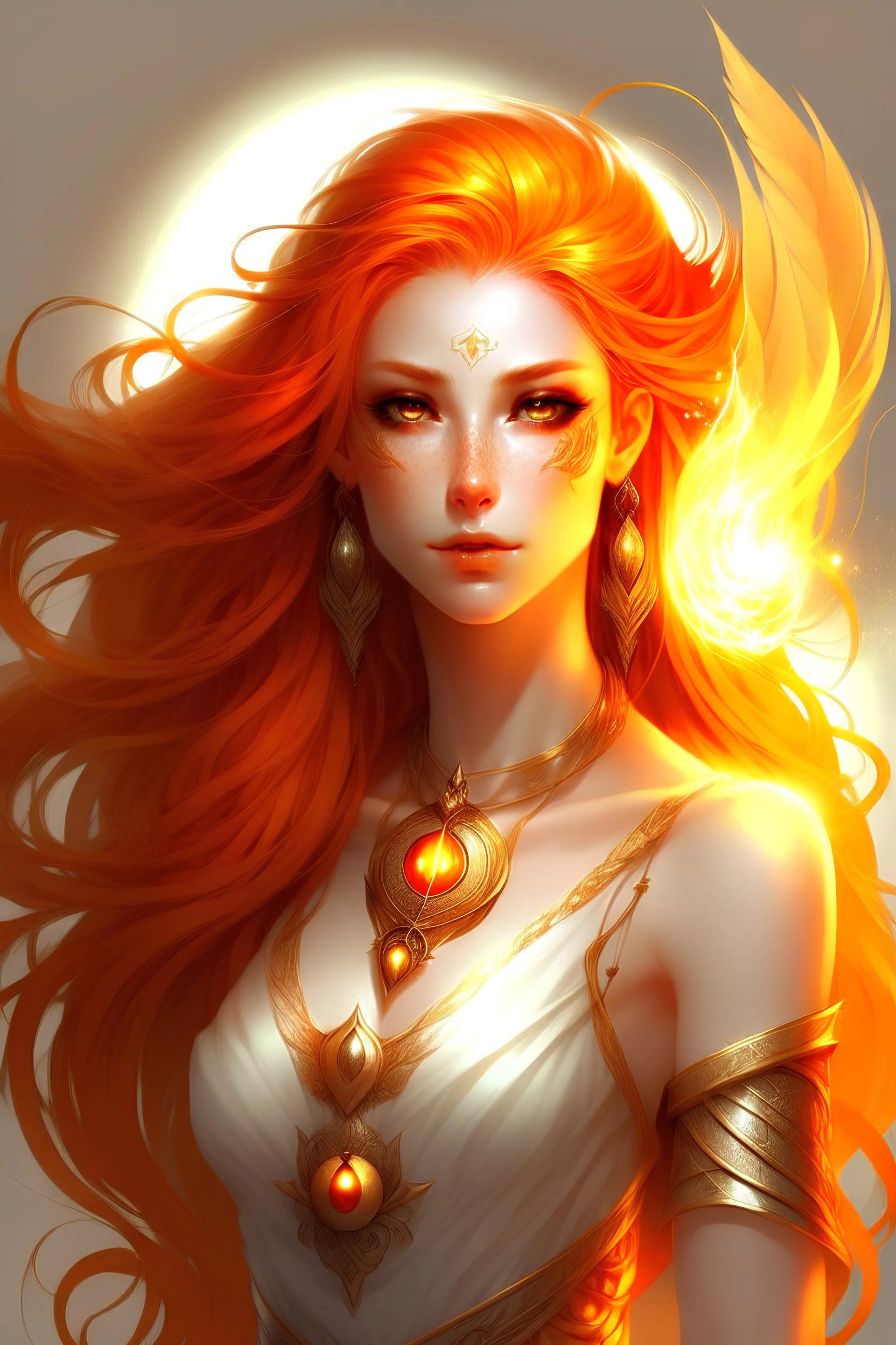 Create a dnd character. She's a summer eladrin with delicate features and innocent stunning beauty. She's a circle of the wildfire with flames surrounding her. Her red wild haired is made of flames while her golden eyes are liquid fire. She has sun-kissed skin. Her clothing style gives the feeling of a phoenix