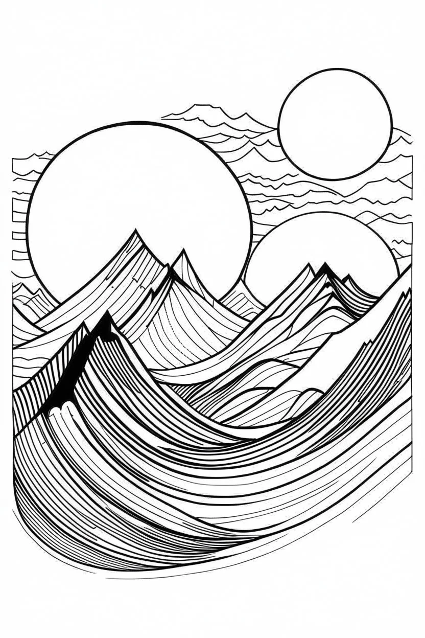 minimalist moutains with moon idea, line art, background, vector, svg, black outline on white background, leave plenty of white space beetween lines for coloring, tattoo style, tattoo idea,full body, minimalist