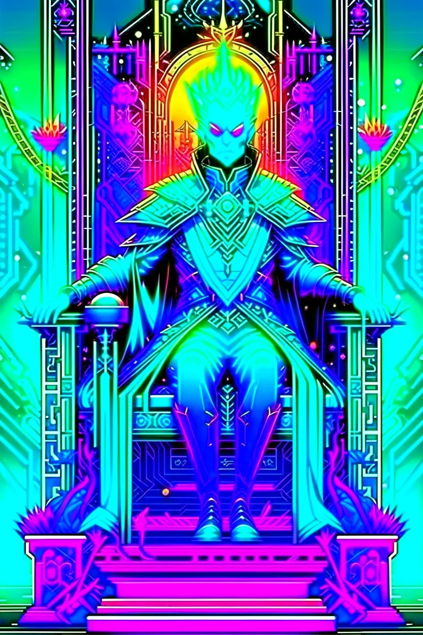 Ilustración lineal arte conceptual de un rey Elfo en el trono con armadura cyberpunk, full body, hiperdetallada, increíble obra de arte, colores complementarios, maximalista