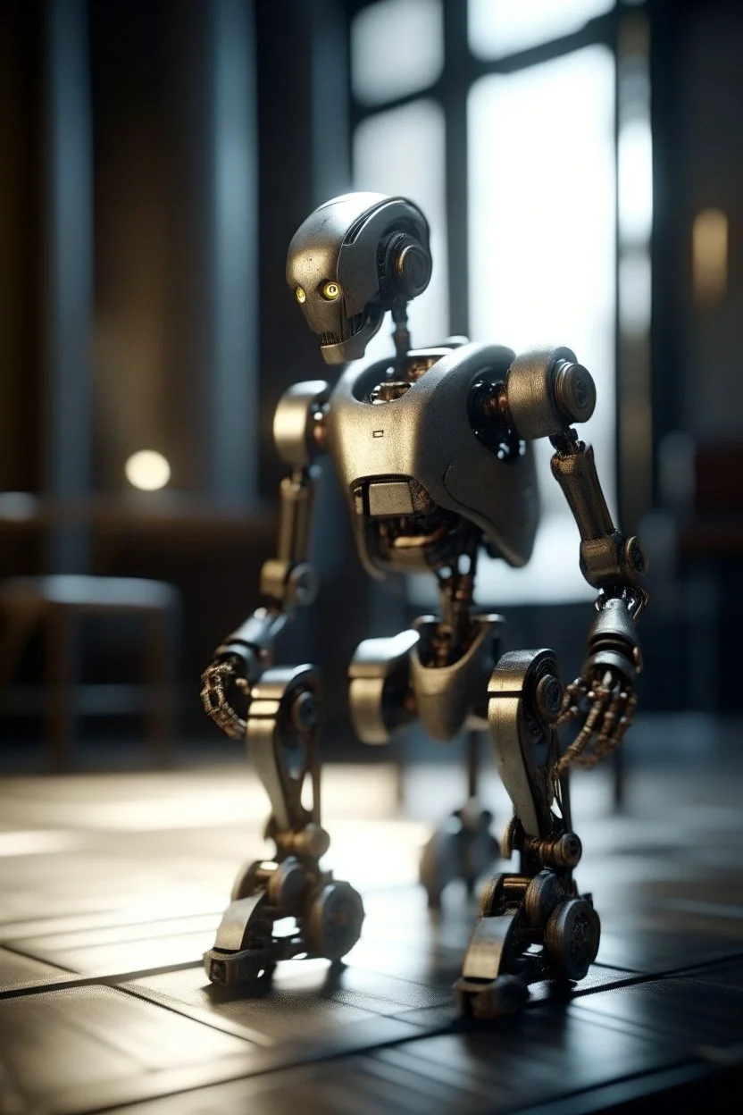 aging robot with hair and a with walking chair, zeiss prime lens, bokeh like f/0.8, tilt-shift lens 8k, high detail, smooth render, down-light, unreal engine, prize winning