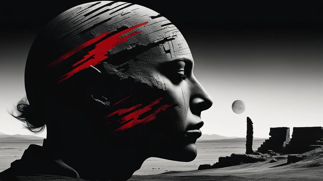 black and white portrait, a human face in profile, gaze into nothingness, three red engraved stripes on the face, background behind it a surreal, barren landscape, ruins, and a black sun. dark, thriller, gloomy vibe, utopian, dramatic