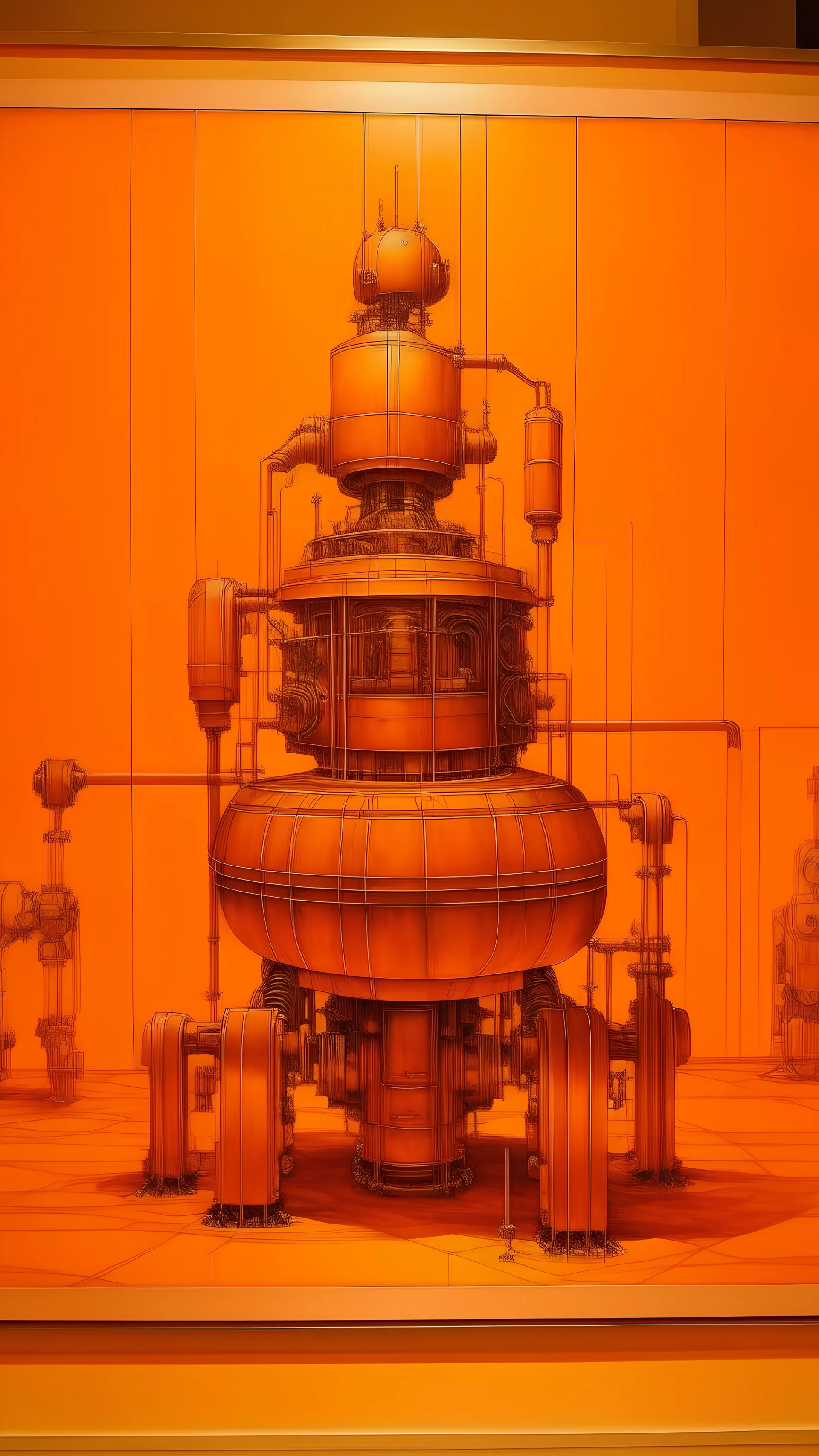 An orange robotic factory painted by Leonardo da Vinci
