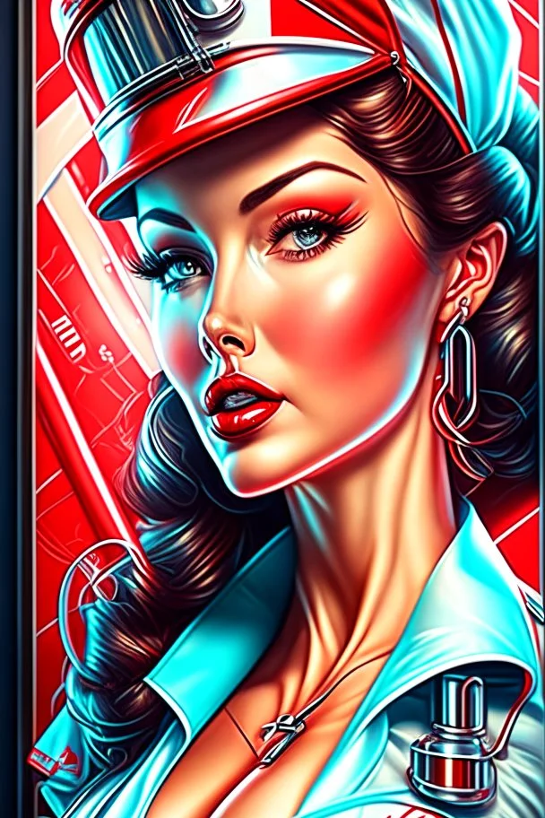 Retro-futuristic intricately drawn nurse Pin up Poster, detailed face. Beautiful woman. in the style of Full body hiphop streetwear drip highly detailed, hyperdetailed painting, complex, 8K, HD