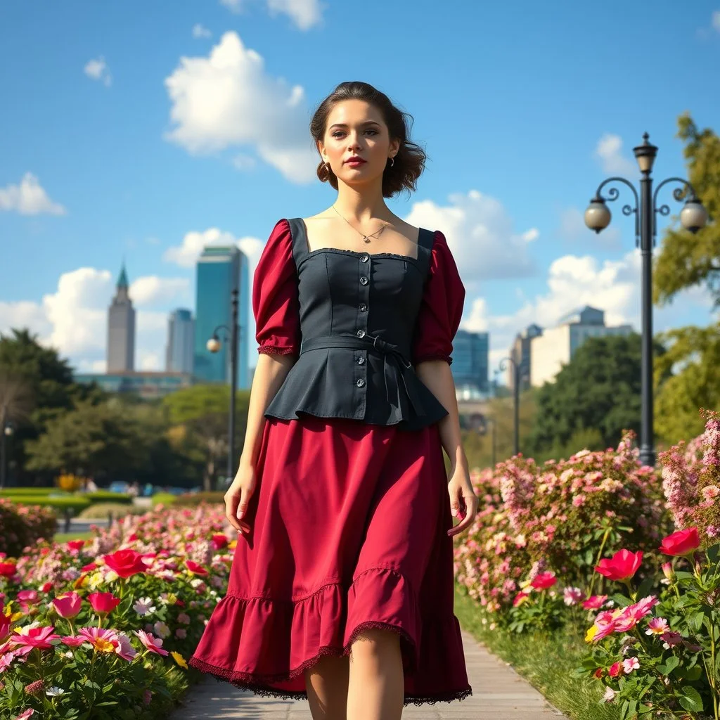 fullbody girl makeup wearing a victorian short dress walking in moder city of 2040 park ,flowers ,pretty clouds in blue sky,city escape.