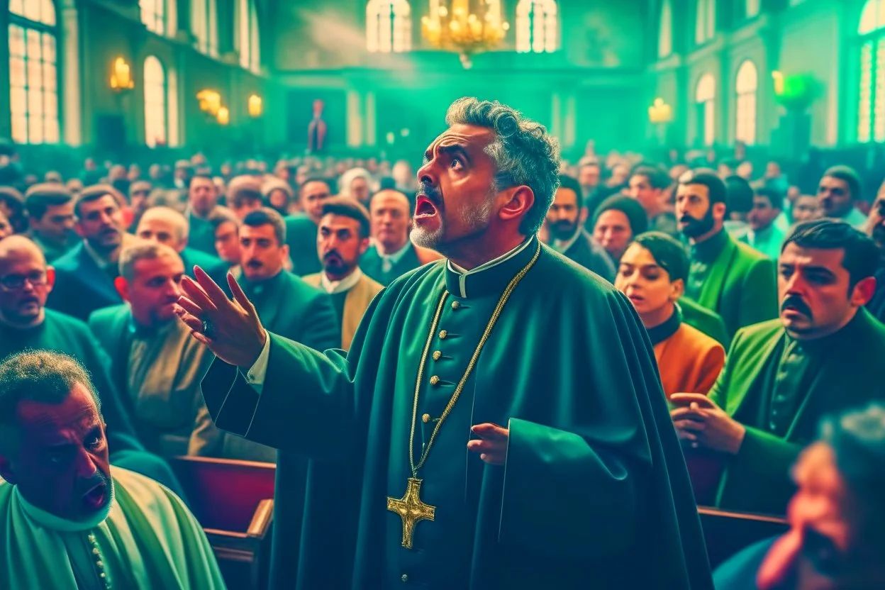 a priest in a crowded church who realizes that he is having an attack of colitis and, while he is preaching, tries to hold back a big fart. Insane details, photo shooted by Nadar. Low contrast, no hands