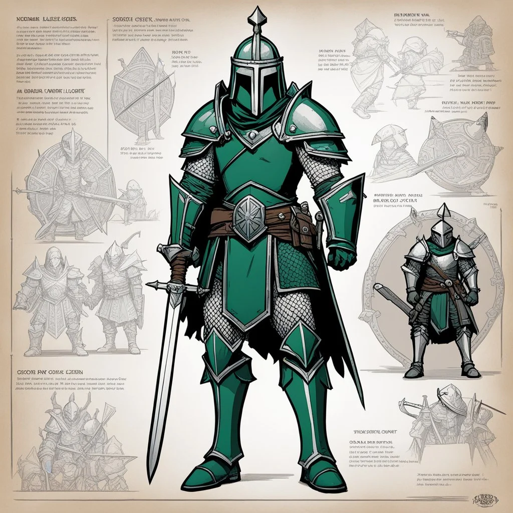 ConceptSheet for AD&D in the comics Head Lopper style by Andrew MacLean: the green knight Arthurian Lore Concept: helmet, armour, and weapons with their blueprint: sword, shield, helmet, plate, and all the package of a knight-errant