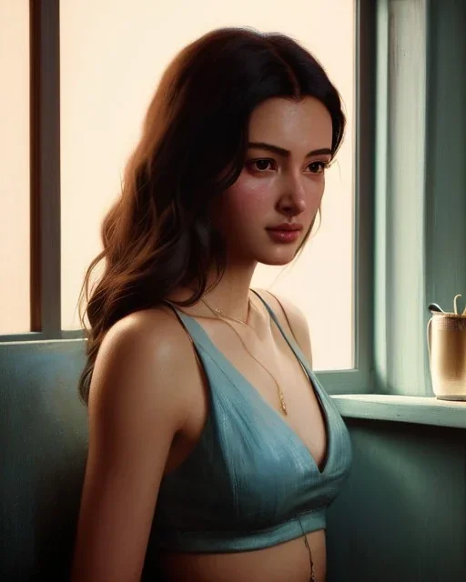 8k 4d photo realistic Highly detailed portrait of stunningly beautiful woman, sitting inside a cozy cafe, Atey Ghailan, by Loish, by Bryan Lee O'Malley, by Cliff Chiang, by Greg Rutkowski, inspired by image comics, potrait illustration, cute fine face, pretty face, realistic shaded perfect face, symetrical eyes, perfecet eyes