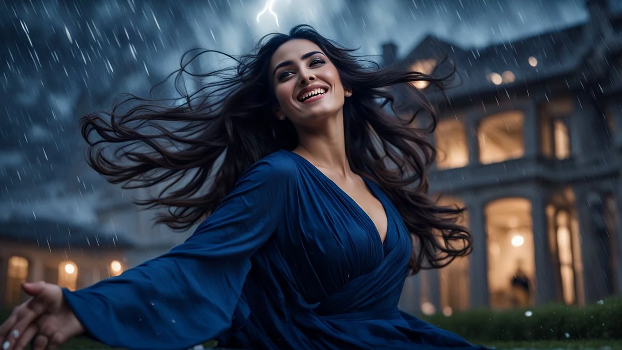 Hyper Realistic Photographic Low-Angle View Of A Beautiful Young Pashto Woman With Beautiful Eyes Lips & Nose (Wearing Beautiful Traditional Navy-Blue Dress Her Beautiful Long Black Hair Whirling In Air) Happily Whirling & Smiling Outside A Fancy Navy-Blue Mansion Heavy Rainfall Night with Thunderstorm Showing Dramatic & Cinematic Ambiance.