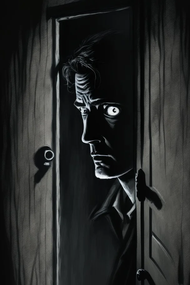 The man standing on the other side of the door, looking through the peephole with a suspicious expression on his face, modifiers: dark, Moody, shadowy, Low angle, film noir, Highly detailed, Digital painting, Artstation, Sharp focus, contrast, Contrasting colors, mystery, suspenseful, thriller, Expressionism, trending on deviantart, art by jock and sean phillips.