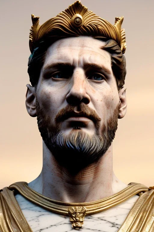 Realistic image, Roman sculpture made in white marble with gold veins, Lionel messi with gold laurel leaves crown, two blue brushes, decorative star on the chest, waist up portrait, marble material, gold ornaments, Baroque style, sun rays background, epic, celestial, cinematic lighting, God lights, 4k resolution, smooth details, soft lighting, unreal engine 5, art station, substance 3d.