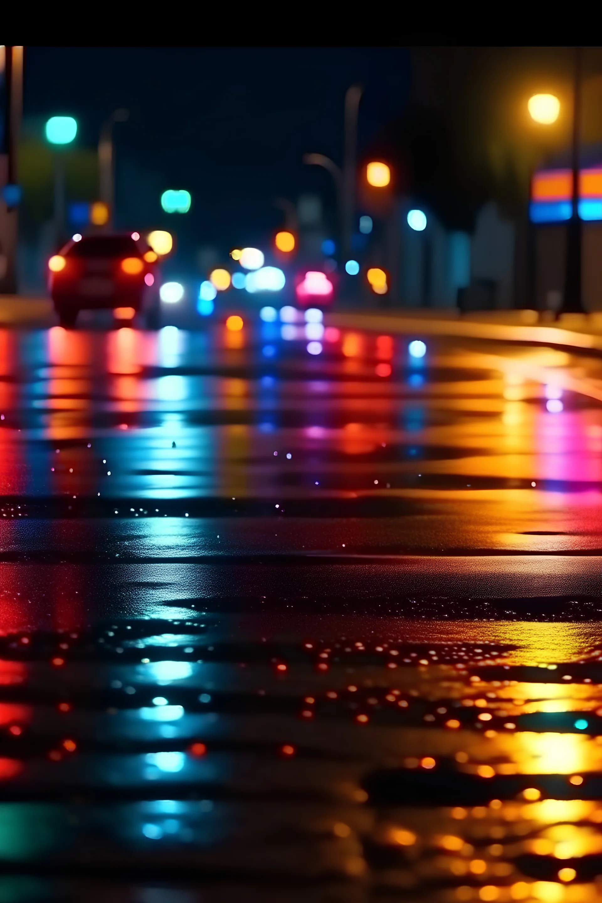 street asphalt level lights colors at night bokeh effect photorealistic image shot with camera 8k