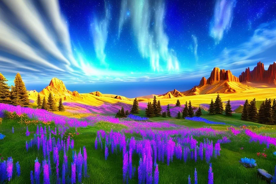 cosmic landscape with blue grass with magic lake, sky with light and stars. blu laser in the skay.