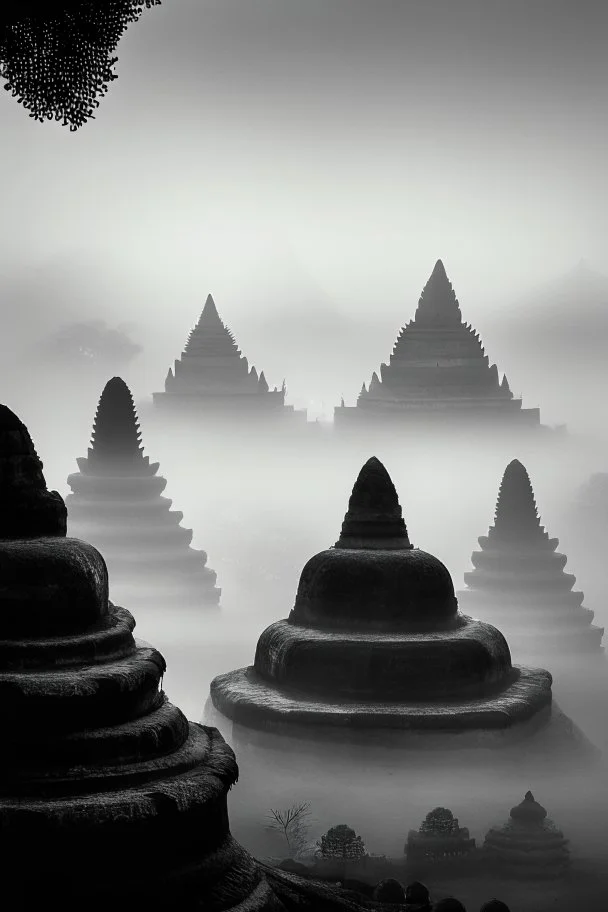 View borobudur in foggy morning bw photo from puthuk setumby