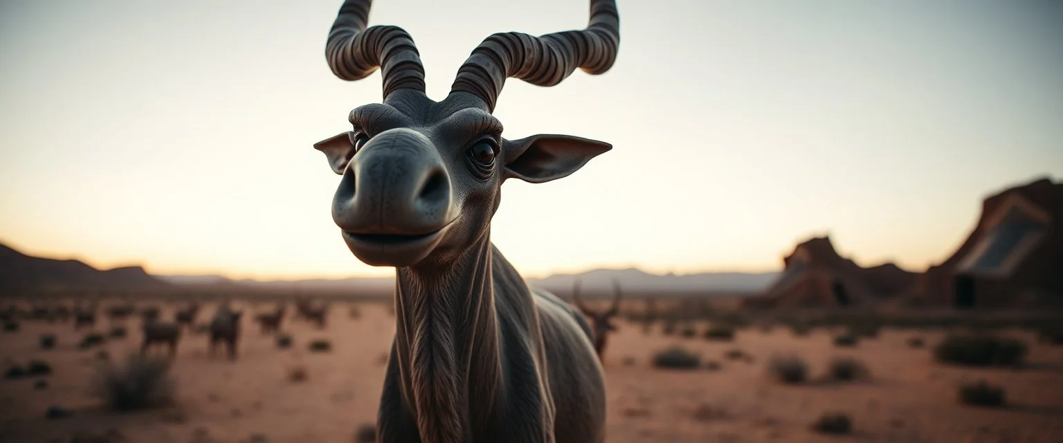 Gremlin orc Saiga Antelope Huge inflatable-looking nose. Alien desert creature energy.