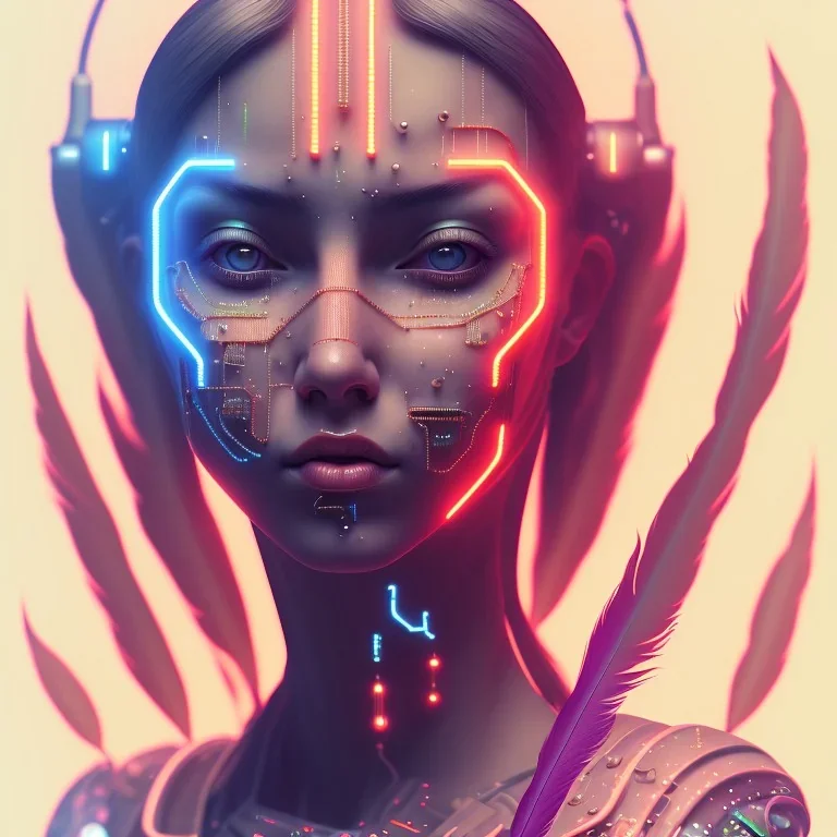 A beautiful portrait of a cute cyberpunk woman happy, grain on the skin, tribal tatoos, orange color scheme, high key lighting, volumetric light high details with white stripes and feathers full length clean art NFT, soft lighting, soft pastel gradients, high definition, blender 3d cinematic, op art, visionary art, sacred geometry, fractal, white balanced