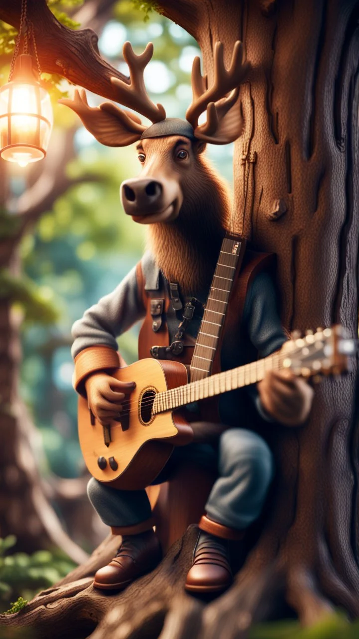 portrait of hairy rock guitar ninja moose living inside a tree house in a hollow huge tree growing light bulbs,bokeh like f/0.8, tilt-shift lens 8k, high detail, smooth render, down-light, unreal engine, prize winning