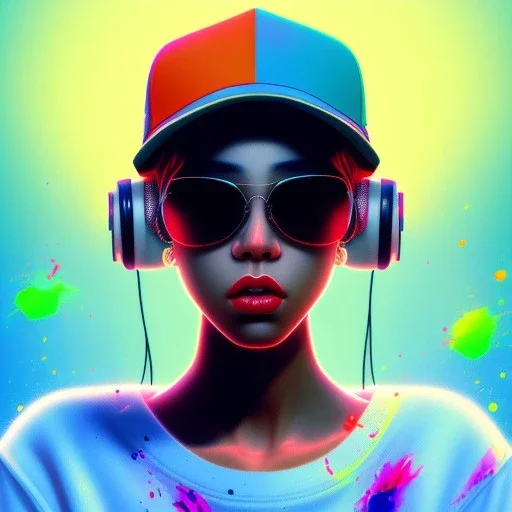 a girl wearing a baseball cap holding a small boombox in her hand, full shot. paint splashes, outrun, vaporware, shaded flat illustration, digital art, trending on artstation, highly detailed, fine detail, intricate