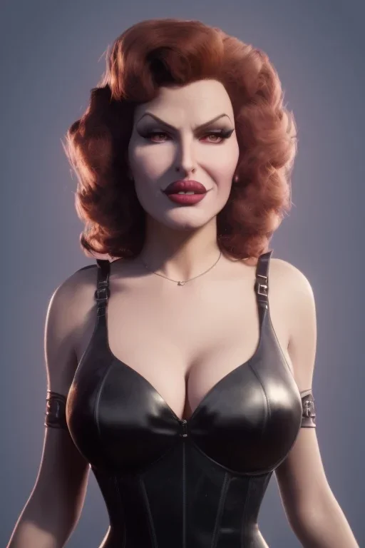 Rita Hayworth as evil queen in black leather, busty, cleavage, dominatrix, curvy, angry, stern look. character design by cory loftis, fenghua zhong, ryohei hase, ismail inceoglu and ruan jia. unreal engine 5, artistic lighting, highly detailed, photorealistic, fantasy