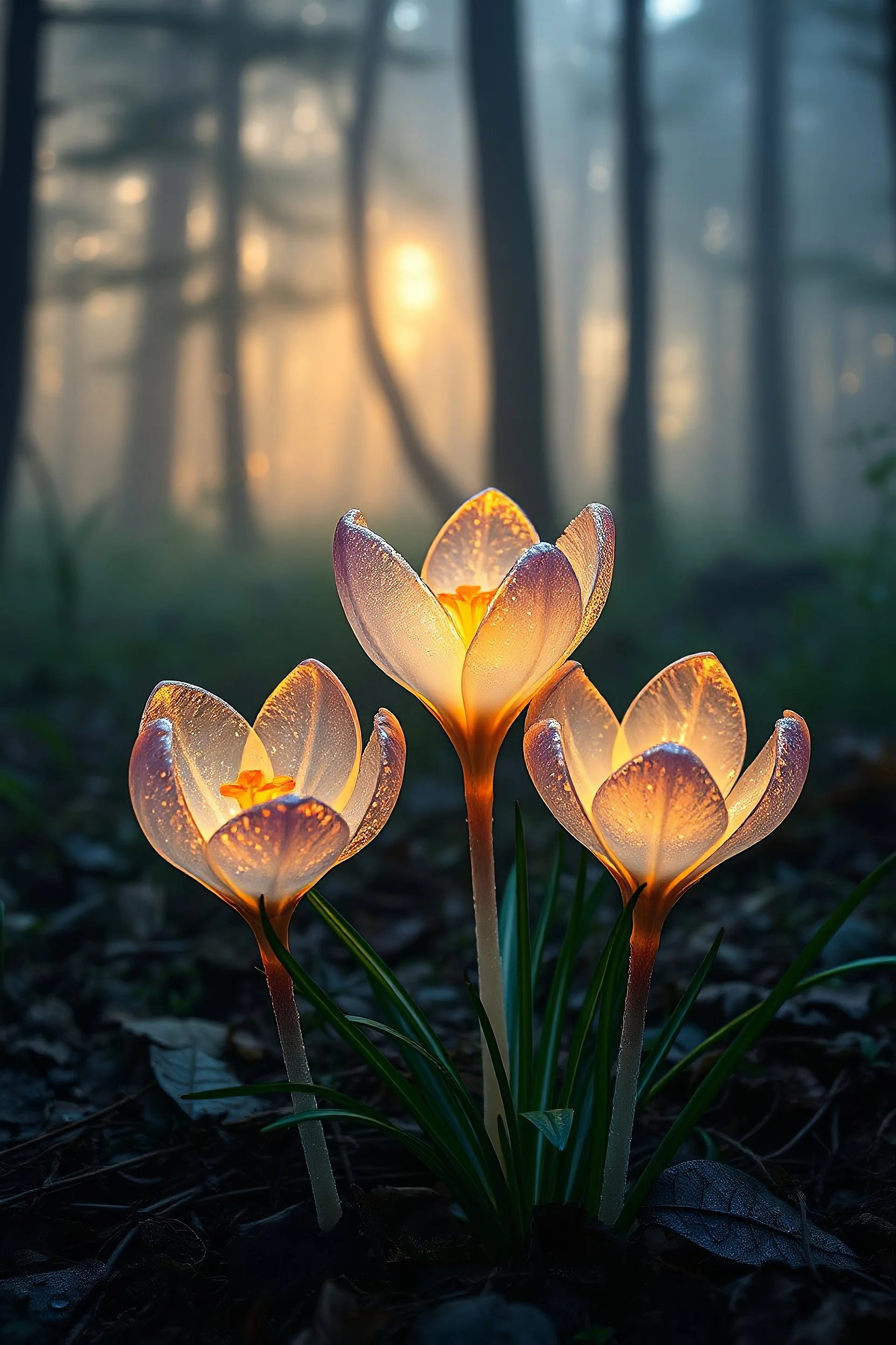 Hyper-realistic glass crocuses that glow from the inside, located in a forest clearing. The flowers are transparent, with exquisite details, their petals seem to be made of glass, with the smallest reflections of light and a texture similar to ice. A soft, warm light flickers inside the flowers. In the background is a fairy—tale forest covered in fog, with magical glowing elements and soft rays of sunlight filtering through the foliage. There is a light, almost imperceptible sheen in the air, an