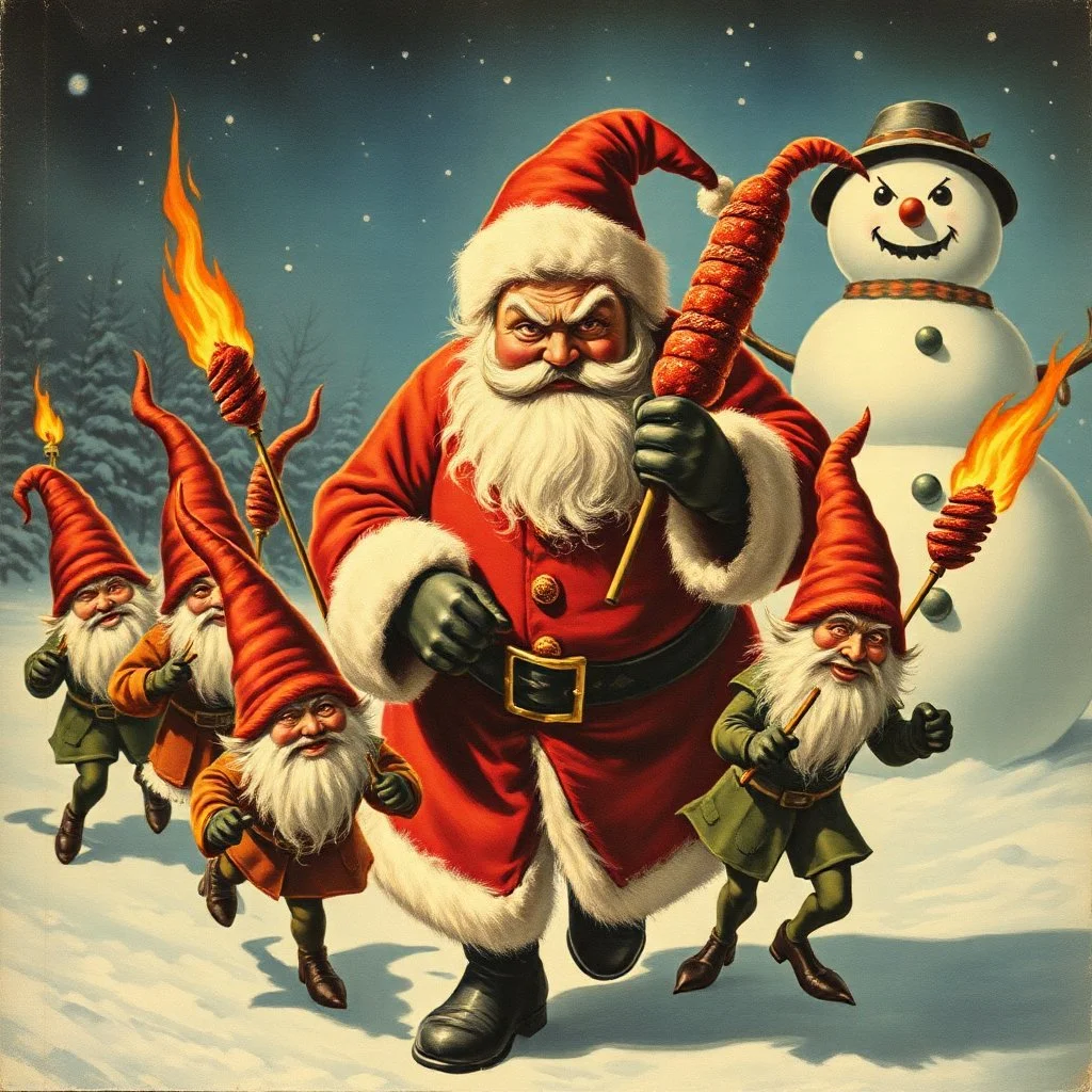 there is no kebabs at christmas, evil Santa, evil gnomes running around, staring flaming eyes, evil Rudolf, very big evil angry Frosty the snowman in background, kebabs and kebab, 1940 christmas postcard
