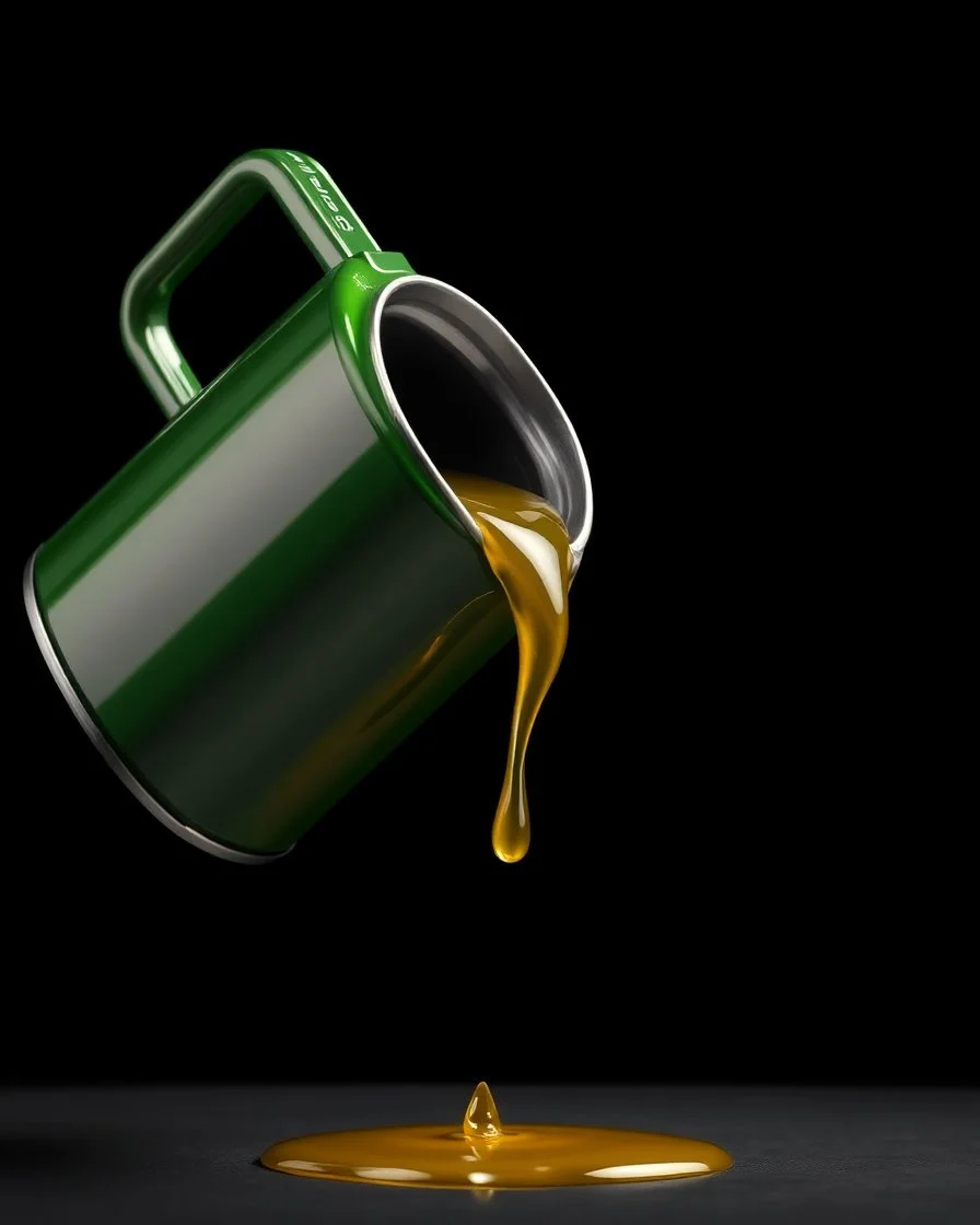 an oil can tipped over slightly with a drip of oil at the end, vector